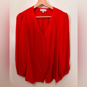 ANNIE GRIFFIN Womens Sz 4‎ SILK BLOUSE Tunic Top Blue Button Up V Neck